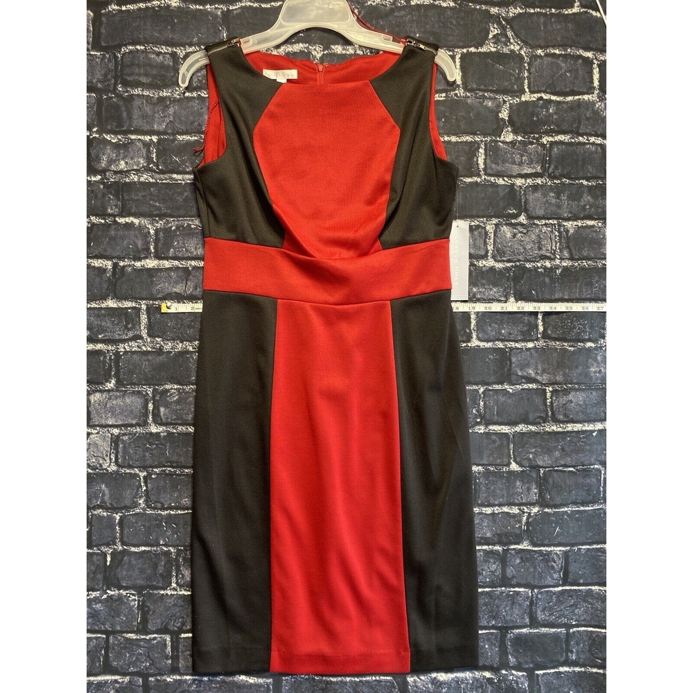 London Times Midi Dress Womens 10‎ Black Ruby Red Zipper Accents Career Hip NWT